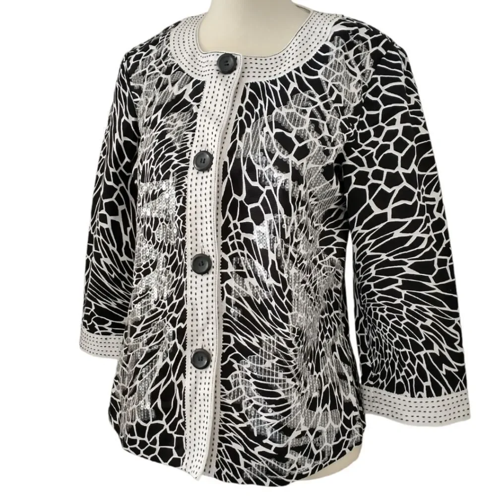 Chicos Floral Sequin Jacket S White Black Embellished 3/4 Sleeve Button‎ Front